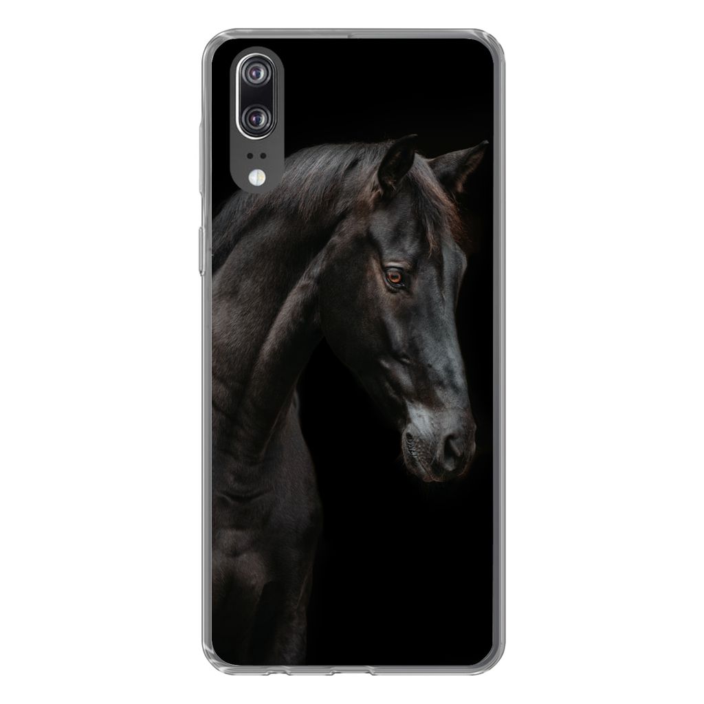MuchoWow Handyhülle Schutzhülle Hülle für Huawei P20 Pferd - Tier - Schwarz Silikon Softcase Handy Hülle - Hardcover