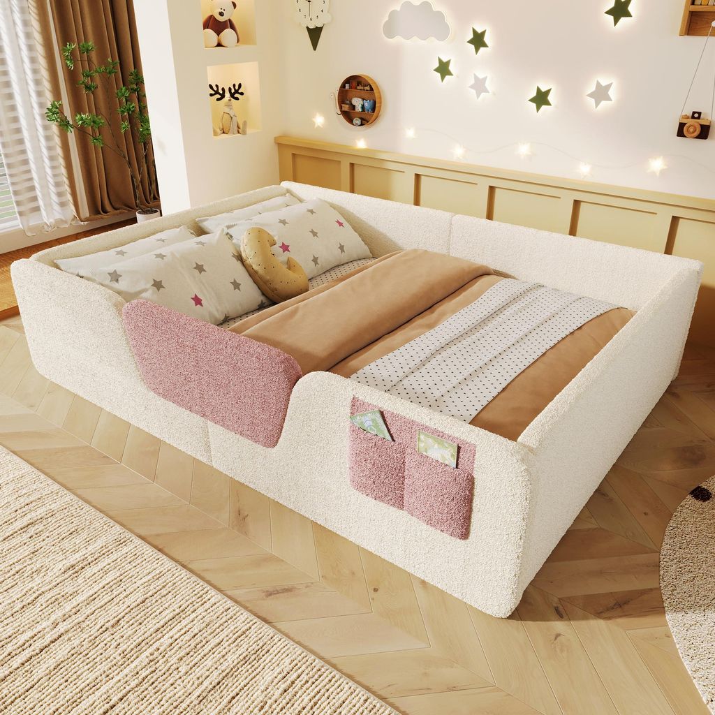 A child's bedroom with a bed and decorative elements on the wall.