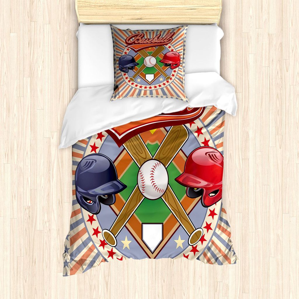 ABAKUHAUS Baseball Bettbezug Set, Retro Pop Art Baseball Logo Mit Gestreiften Einstellung Bat Und Ball Game Druck, 135 x 200 cm + 80 x 80 cm, Mehrf...