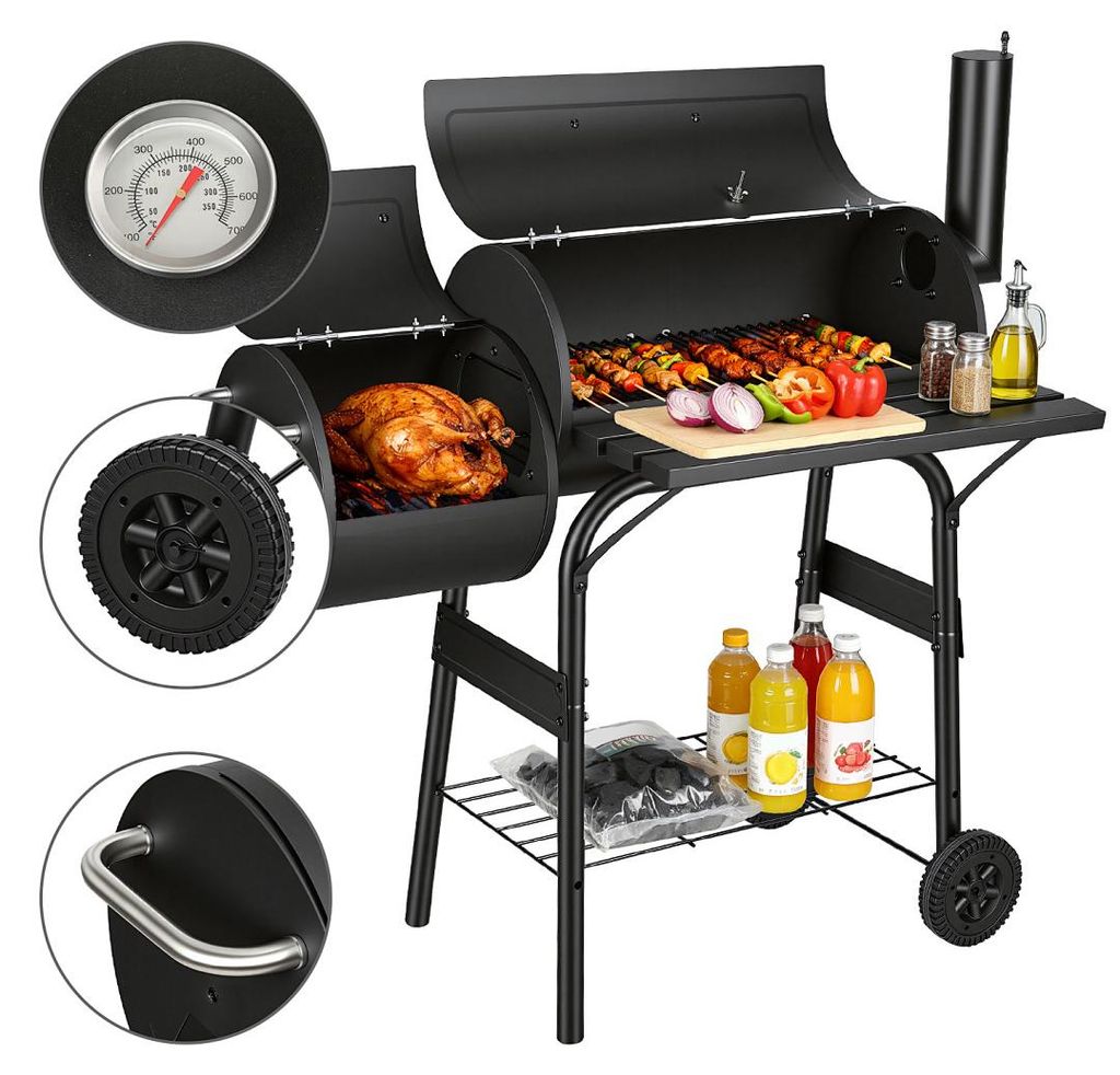 Izrielar Holzkohlengrill mit Grillrost, Grillstation auf Rollen mit 2 Kammern, Grillwagen Gartengrill mit 2 Rädern und Temperaturanzeige