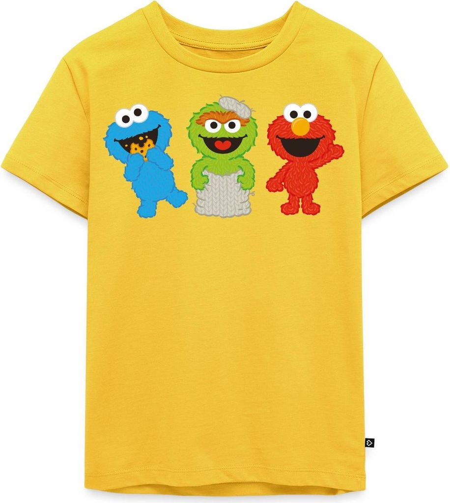 Spreadshirt Sesamstraße Baby Krümelmonster, Oscar & Elmo Kinder Premium T-Shirt, 110/116 (4 Jahre), Sonnengelb