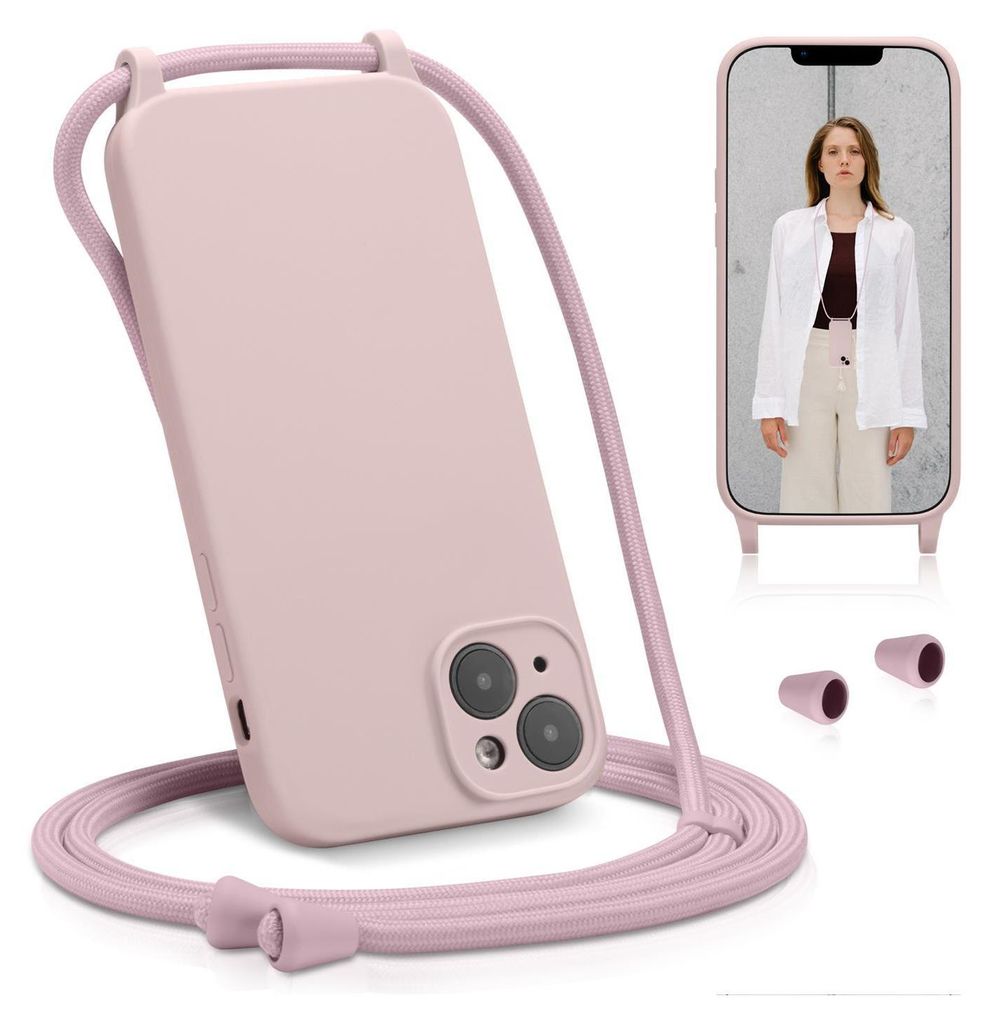 Conie Schutzhülle mit Handykette für iPhone 13 Silikon Band Case Schnur Kamera Schutz Cover Hülle in Creme