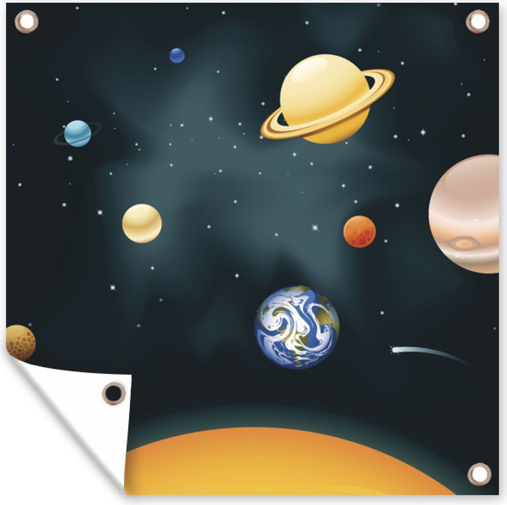 MuchoWow 100x100 cm Outdoor-Poster Gartendeko Sichtschutz Garten Poster für den Garten Eine Illustration des Sonnensystems mit unserem Planeten