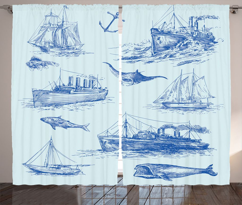 ABAKUHAUS altertümlich Rustikaler Gardine, Wildlife Shark Boat, Schlafzimmer Kräuselband Vorhang mit Schlaufen und Haken, 280 x 245 cm, Blau Baby...