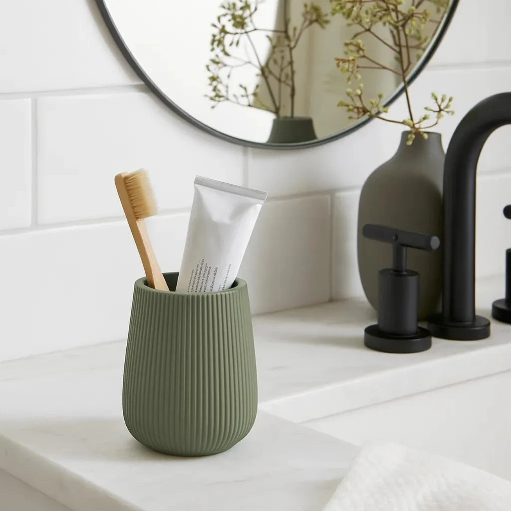 Portaspazzolino BERILO Verde Scanalato 11x8 cm | Accessorio Bagno Chic - 2