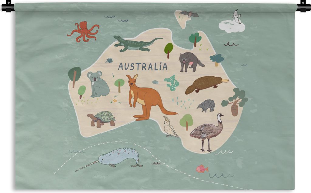 MuchoWow Wandteppich Wandbehang Tiere - Australien - Weltkarte - Kinder - Blau - Kinder 120x80 cm Tapisserie Dekoration Wandtuch - Wanddekoration...