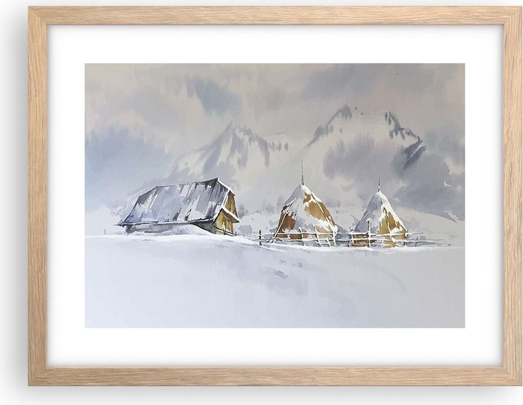 Gerahmtes Poster - Rahmen in heller Eiche - Haus Berge Schnee - 40x30 cm - Wand Bild - Wanddeko - Wandbilder - Kunstposter - Wandposter - Bilderrah...