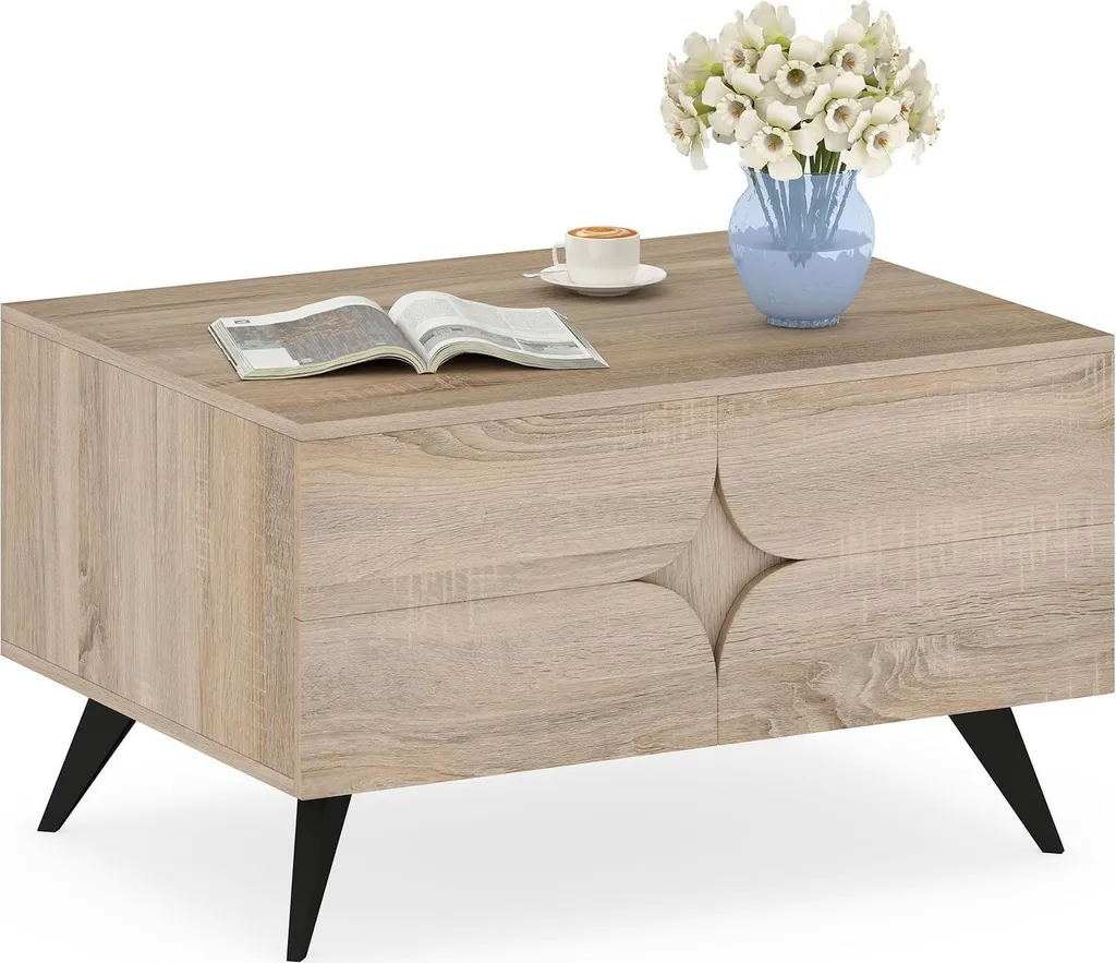 Table basse fonctionnelle 3 tiroirs et étagères bois de chêne massif