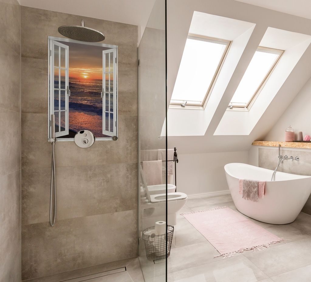 Wallario wasserfestes Poster selbstklebend 91,50 x 61 cm, Sonne über dem Meer, Badezimmerposter Spritzschutz mit Hochglanzoberfläche in Glasoptik