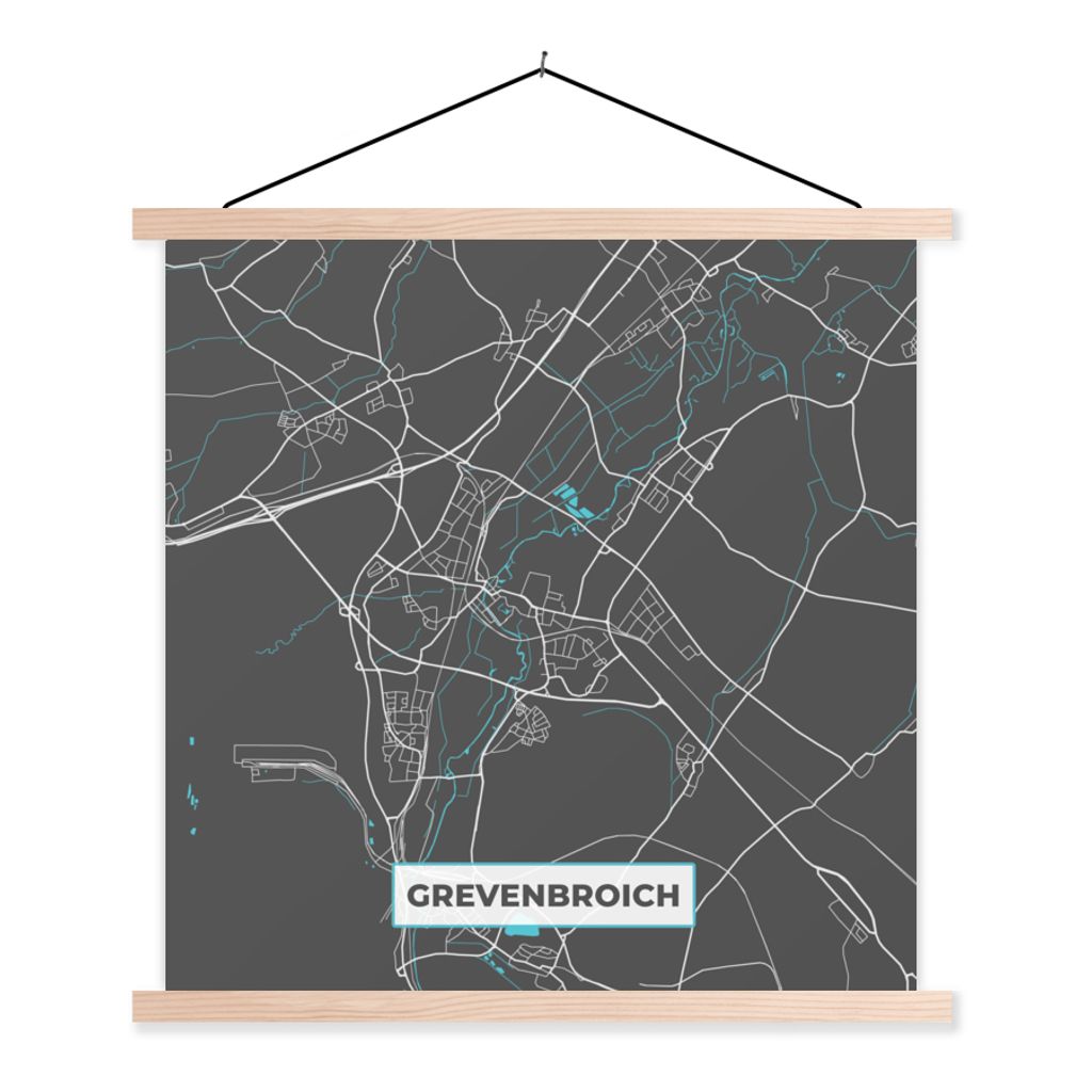 MuchoWow Textilposter Stadtplan - Deutschlandkarte - Blau - Grevenbroich- Karte 40x40 cm mit holzfarbenen Rahmen - Posterleiste