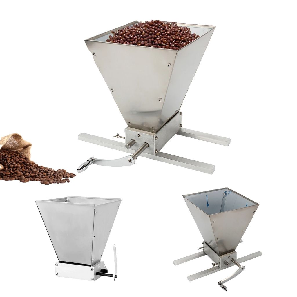 A collage of three stainless steel manual grain mills, one filled with coffee beans and another with a bag of coffee beans spilling out.