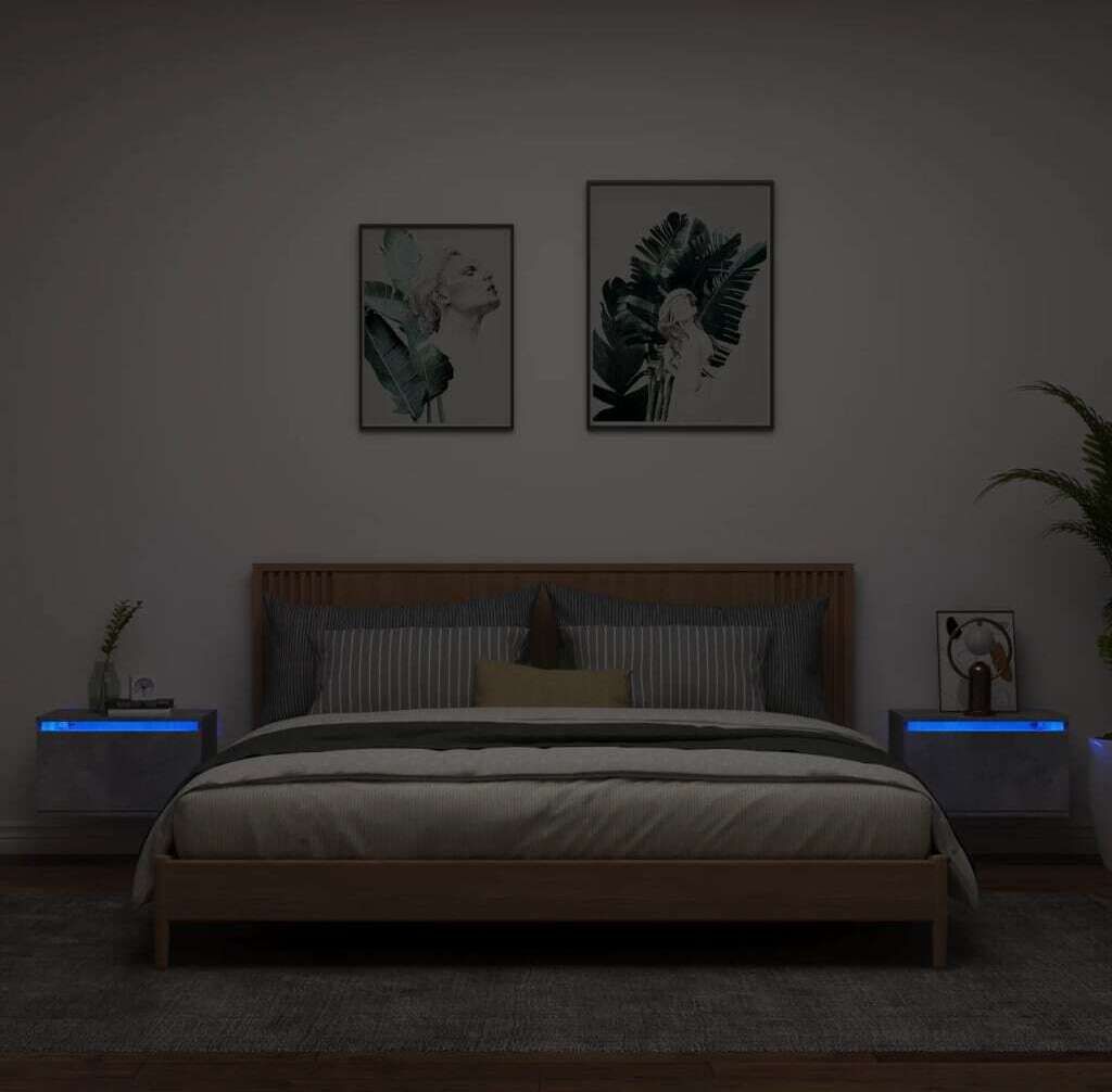 "im Angebot" Wand-Nachttische 2 Stk. - Nachtkommode/Nachtkonsole - mit LED-Leuchten Betongrau - Beistellschrank CC23032