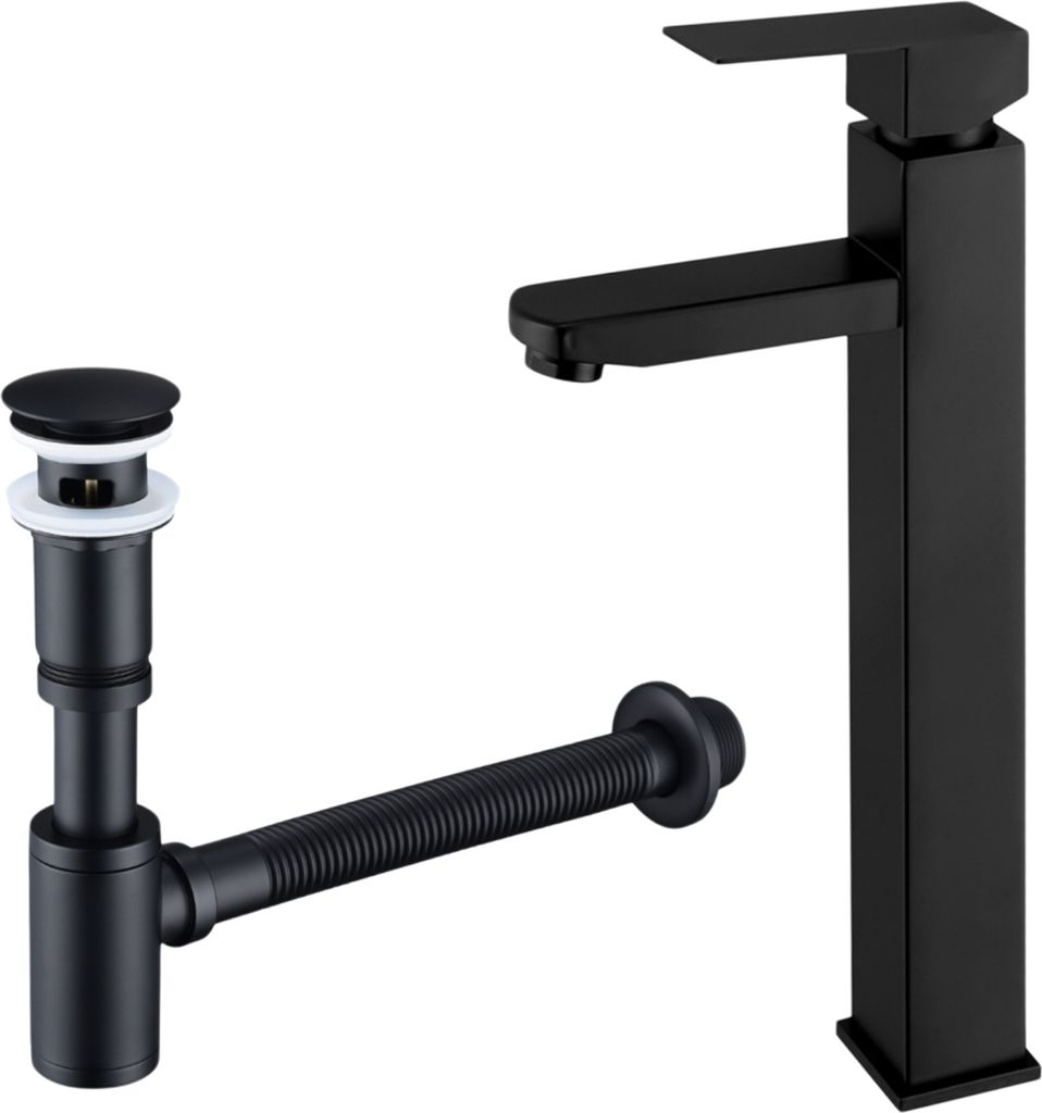 Homelody Wasserhahn Bad Schwarz Badarmaturen für Warm und Kaltwasser, Einhandmischer Waschtischarmatur mit Siphon Pop Up Ablaufgarnitur