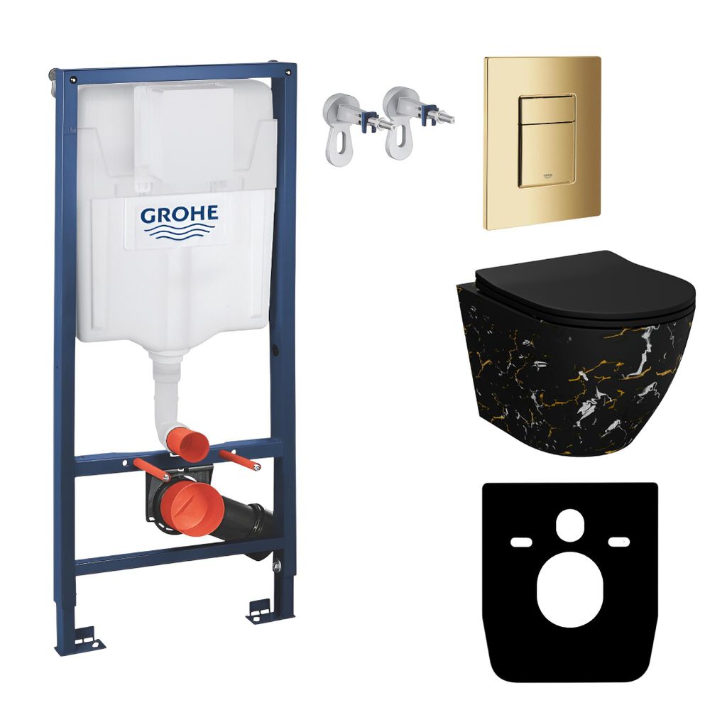 GROHE Vorwandelement Solido + Wand Hänge WC Sofi Slim Fire Schwarz Spülrandlos + WC-Sitz SoftClose | Goldener Knopf | Komplettset | Unterputz Sp...