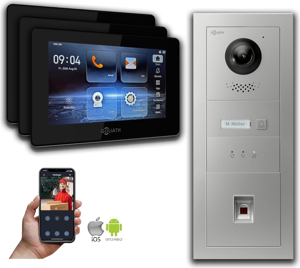 Goliath IP Video Türsprechanlage mit Kamera 7-Zoll Fingerprint Anzeige Silber : Aufputzdose : 7 Zoll in Schwarz : 3 Monitore Anzahl: 3 Monitore Fa...