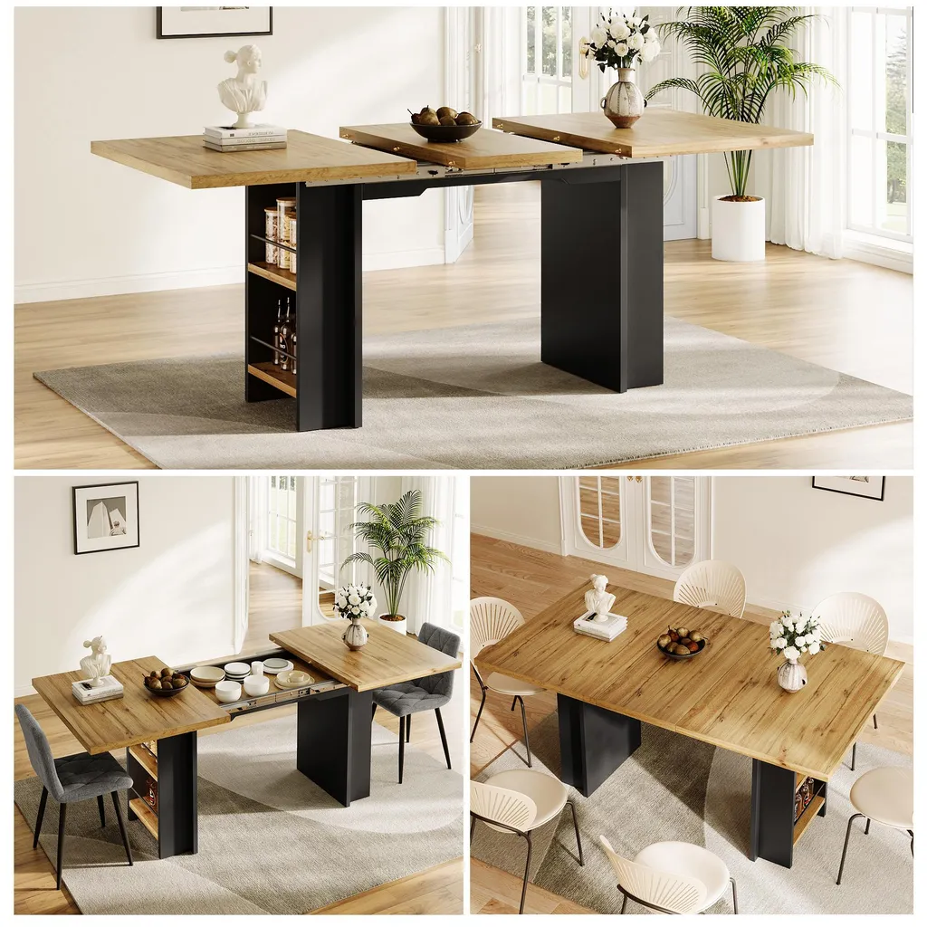 Table de cuisine avec étagères, table extensible bois 120x80 cm