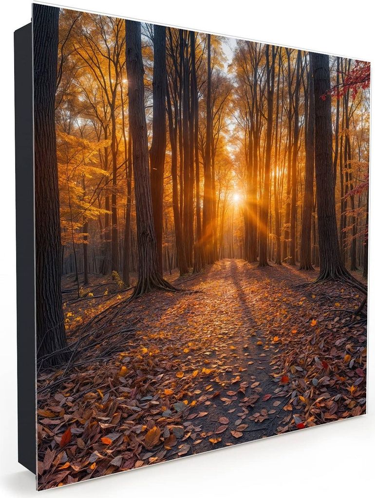 Nachbildung-Schlüsselkasten, Magnetpinnwand und Memoboard mit Glasfront Motiv Sonnenuntergang Wald
