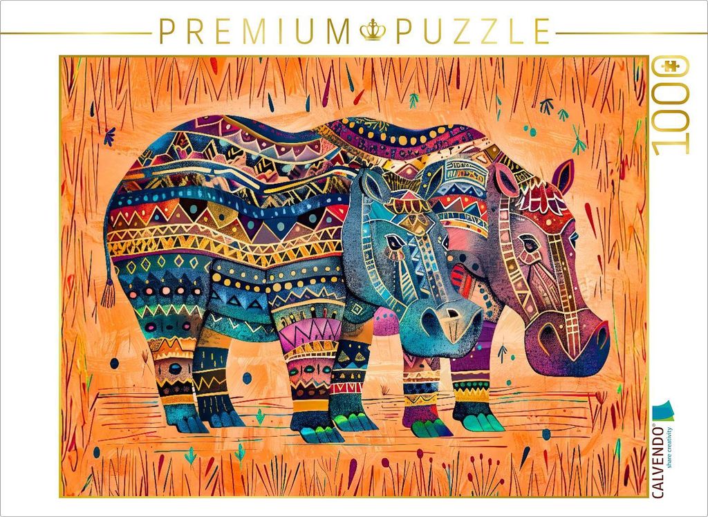 CALVENDO Puzzle Abstraktes Flusspferd mit Sonnenornament | 1000 Teile Lege-Größe 64x48cm Foto-Puzzle für glückliche Stunden
