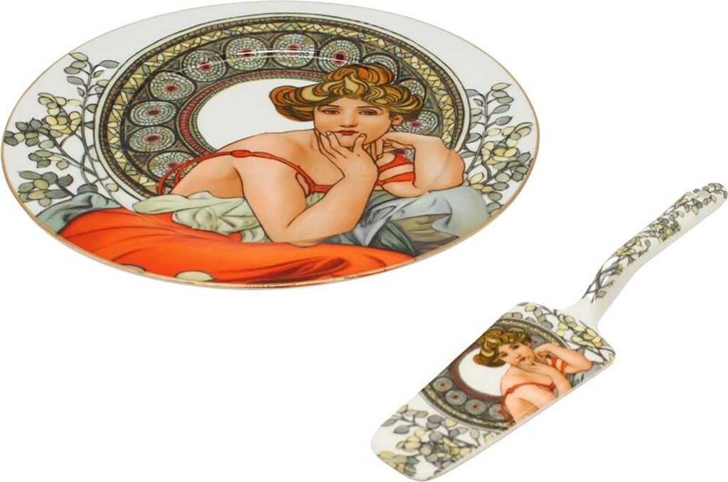 HOME ELEMENTS Porzellan runder Kuchenteller mit Löffel, Mucha light