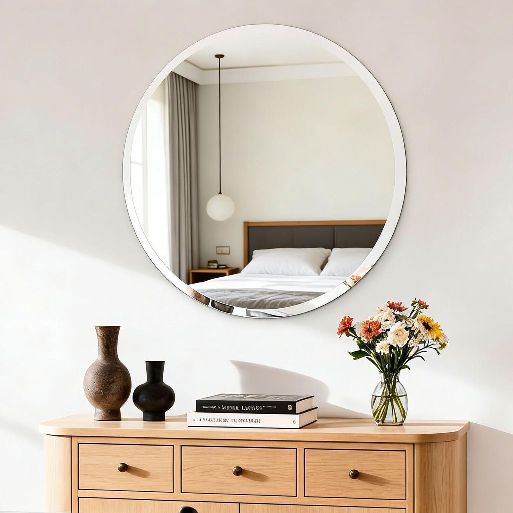 Vrygle Runder Wandspiegel 60 cm—Hochwertiger HD Dekospiegel für Flur, Wohnzimmer & Schlafzimmer, Silber, Abgeschrägtes Design