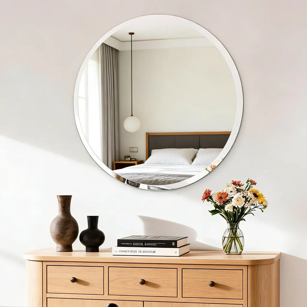 Miroir HD rond 60 cm haut de gamme argenté au design biseauté chic