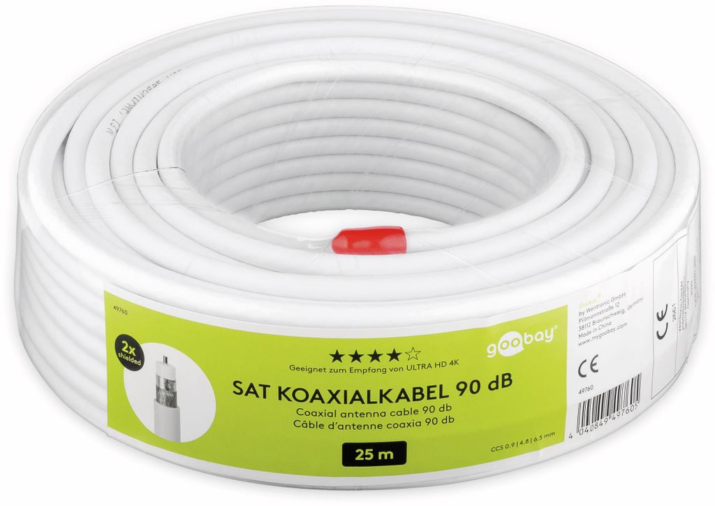 goobay 90 dB SAT Koaxialkabel, 2x geschirmt, weiß 25 m Produktbild 