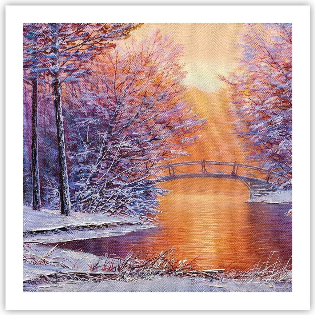 Poster - Poster ohne Rahmen - Brücke Schnee Wald - 60x60 cm - Wand Bild - Wanddeko - Wandbilder - Kunstposter - Wandposter - Bilder - Kunstdruck -...