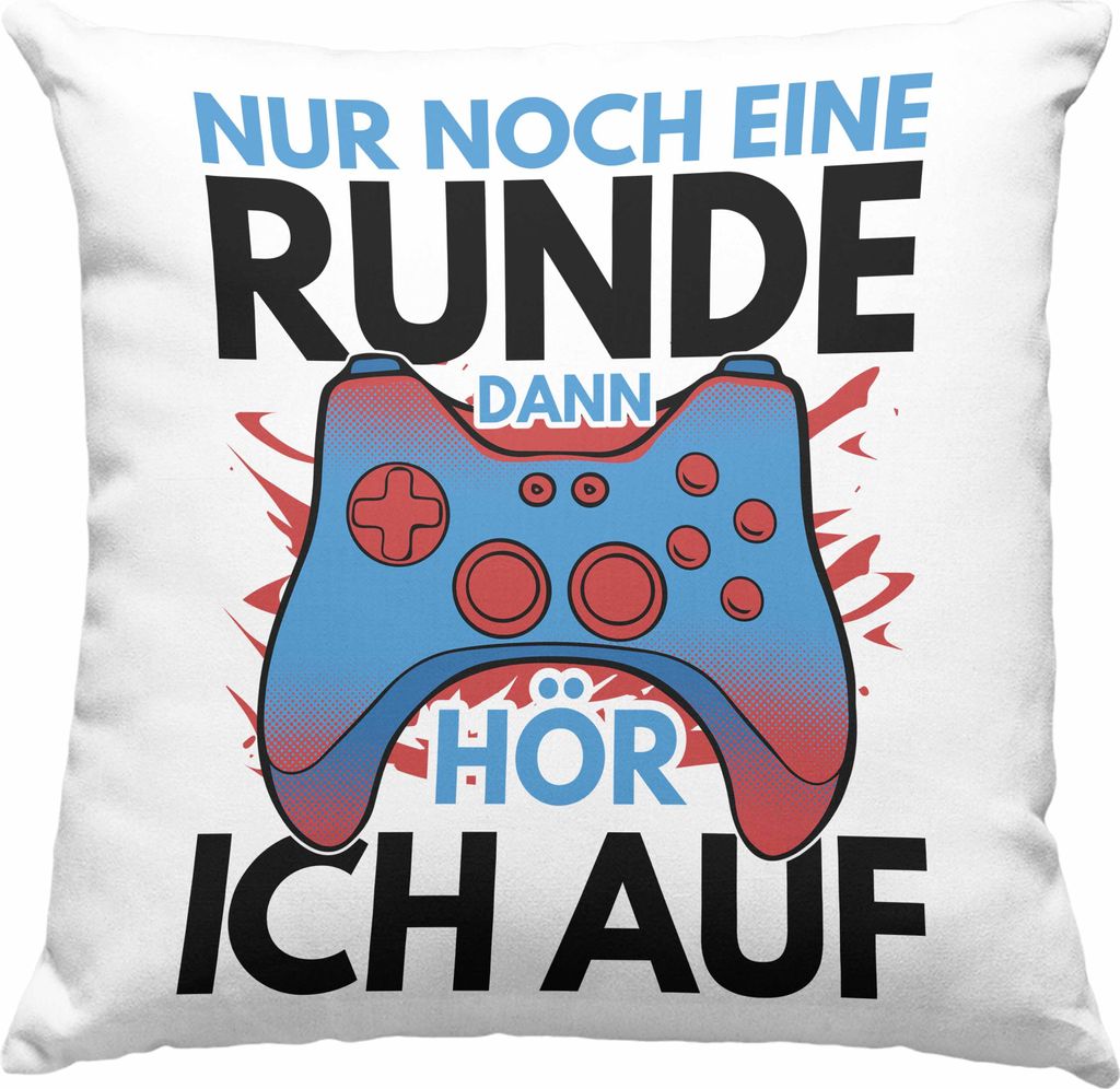 Trendation - Lustige Gamer Deko-Kissen mit Füllung 40x40 Zocker Geschenk Gamer Gamergirl Geschenkidee Geburtstag Nur Noch Eine Runde (Grau)
