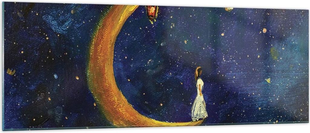 Bilder auf glas - Einteilig - Mädchen auf der Mond - 140x50cm - Glasbilder - Wandbilder - Bilder - zum Aufhängen bereit - Wanddekoration aus Glas...