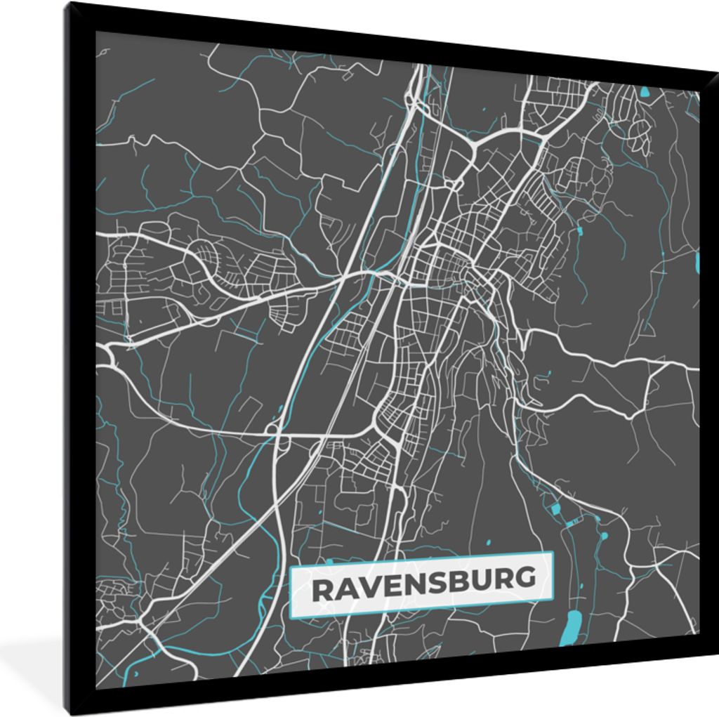 MuchoWow Gerahmtes Poster Blau - Deutschland - Karte - Stadtplan - Ravensburg 40x40 cm - Poster mit Schwarzem Bilderrahmen Wandposter Rahmen Foto...