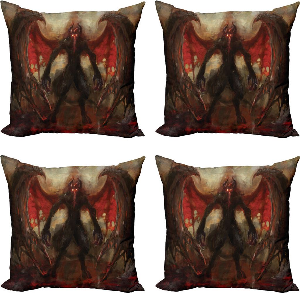 ABAKUHAUS Fantasy World Kissenbezug Set (4 Stück), Teufel Flügel Flamme, Moderner Doppelseitiger Digitaldruck, 40 cm x 40 cm, rot Grau