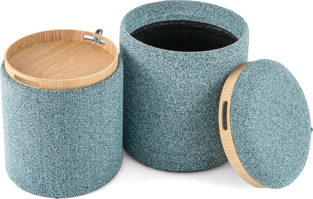 2er Set Sitzhocker mit Stauraum, runder Hocker mit umkehrbarem Tablett und versteckter Aufbewahrung, multifunktionaler gepolsterter Fußhocker, blau