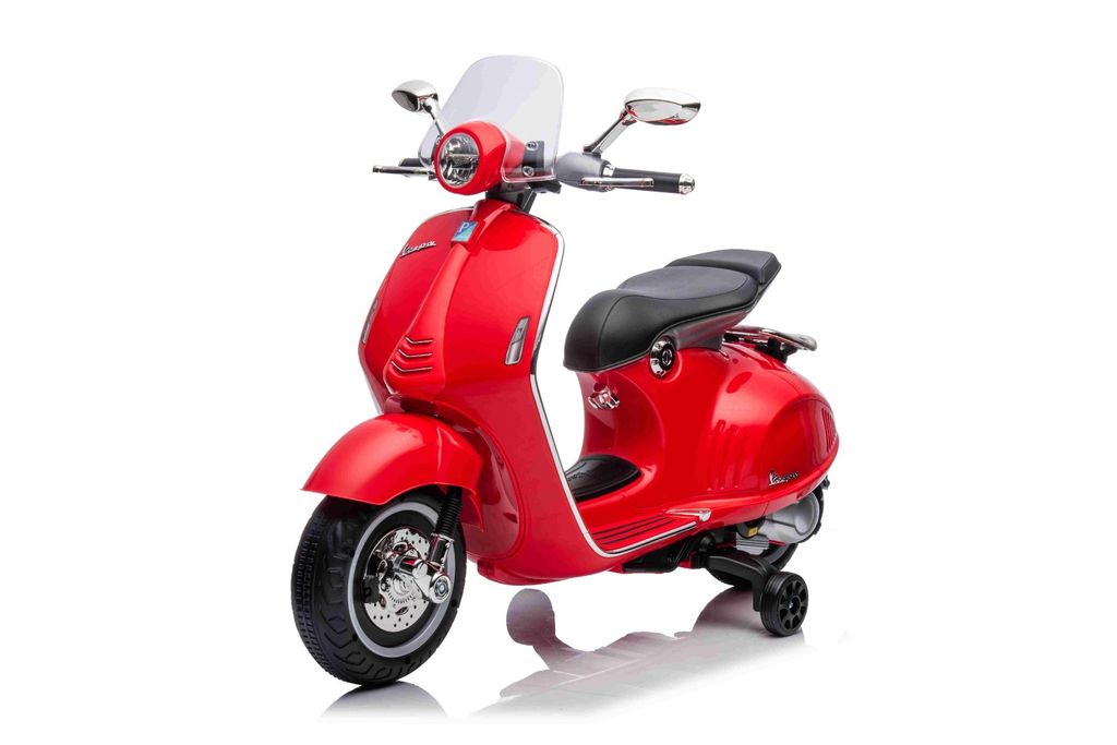 Elektrischer Aufsitz-Scooter Vespa 946 mit Rückwärtsgang, rot, lizenziert, Zusatzräder, Lithiumbatterie, 2 x 30-W-Motoren, Ledersitz, MP3-Player...