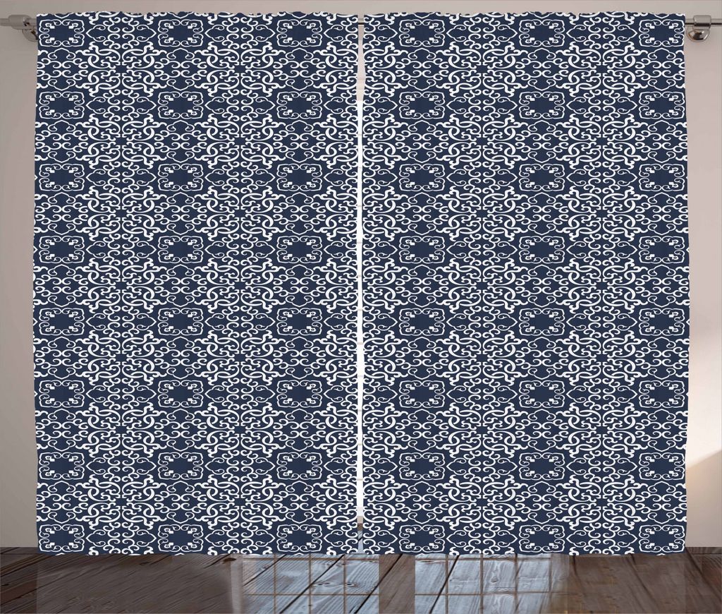 ABAKUHAUS Navy blau Rustikaler Vorhang, Eastern Curlicues, Wohnzimmer Universalband Gardinen mit Schlaufen und Haken, 280 x 225 cm, Marineblau Weiß