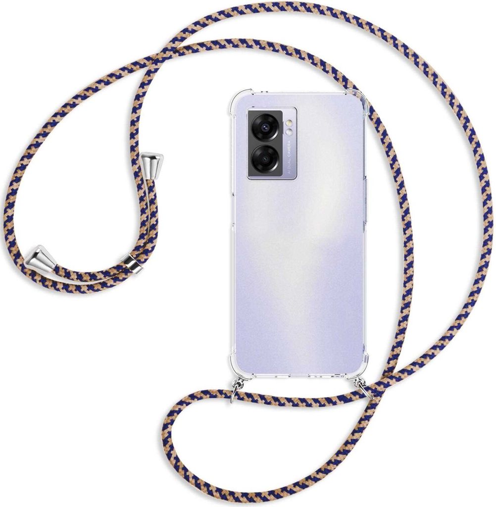 Handykette Backcover-Schutzhülle mit Band (Metall silberfarben) für Realme Narzo 50 5G, A57 / A77 - blau+beige