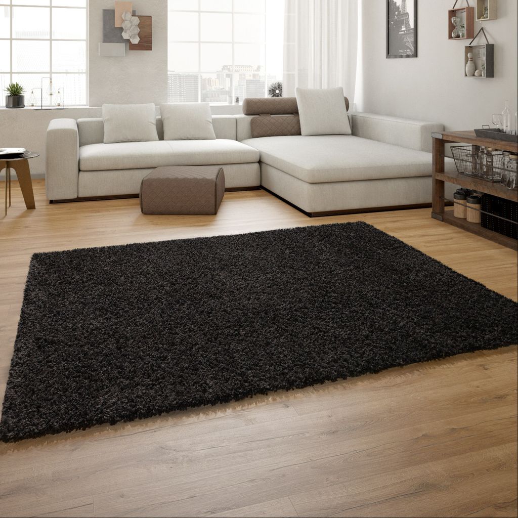 TT Home Hochflor Shaggy Teppich Preishammer Einfarbig in Schwarz Modern Größe 160 cm Rund