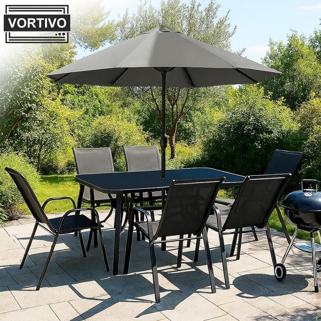 VORTIVO 8-teiliges Gartenmöbel-Set für 6 Personen mit Sonnenschirm – stapelbare Stühle, Tisch mit Glasplatte – wetterfest – Schwarz