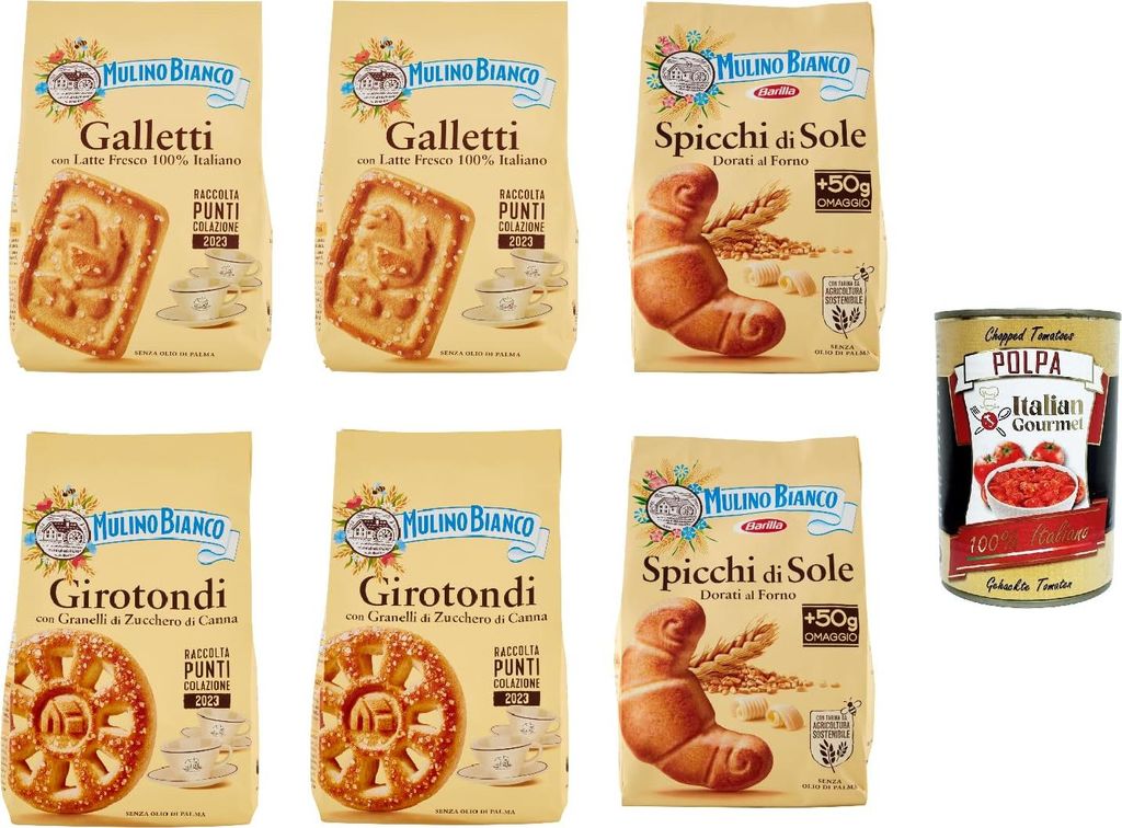 Testpaket Mulino Bianco Galletti Spicchi di sole Girotondi Kekse mit 100% italienischer Frischmilch 6x 350 g Biscuits cookie + Italian gourmet polp...