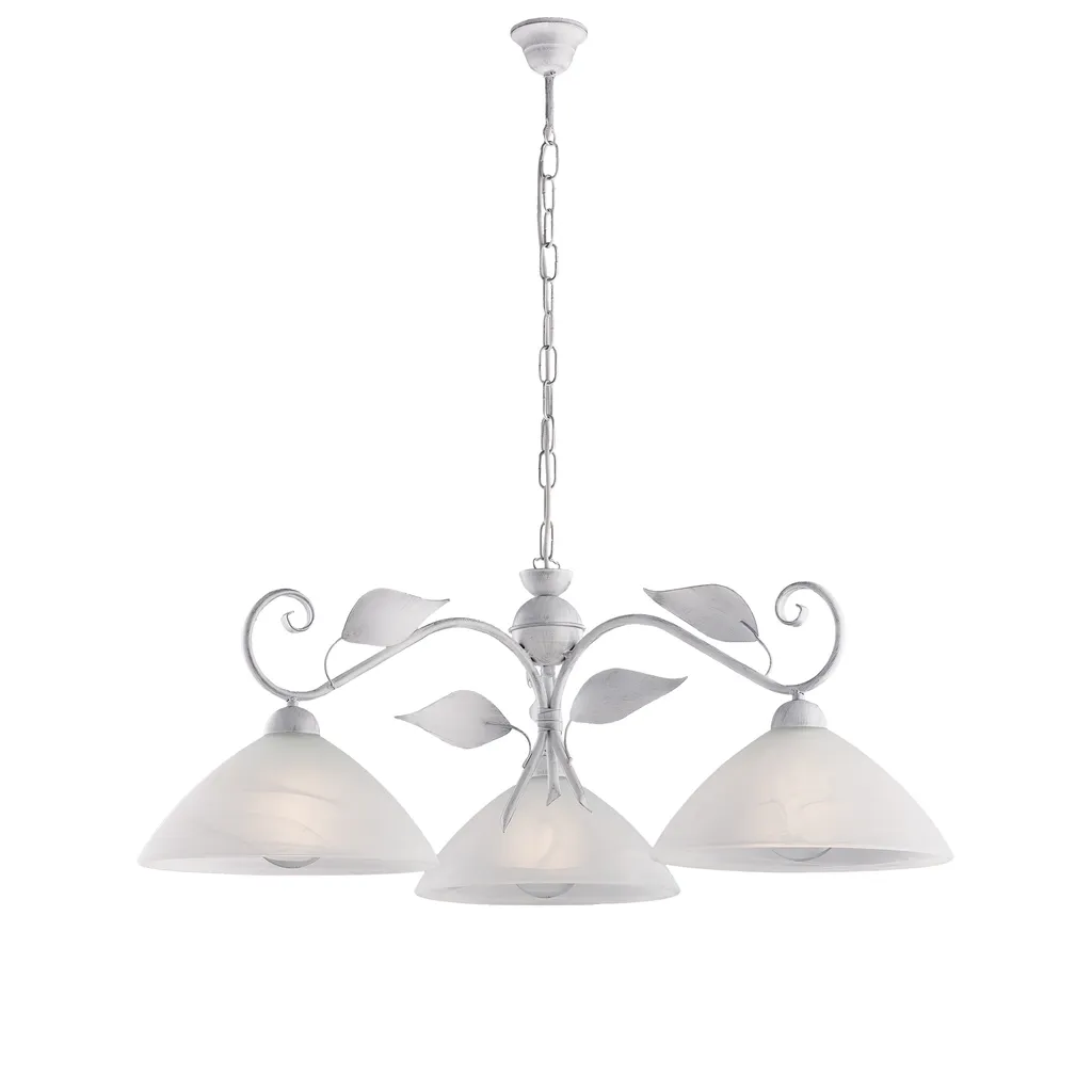 Luminaire Suspension en Verre Albâtre et Fer Blanc - Lustre 3 Branches 30cm