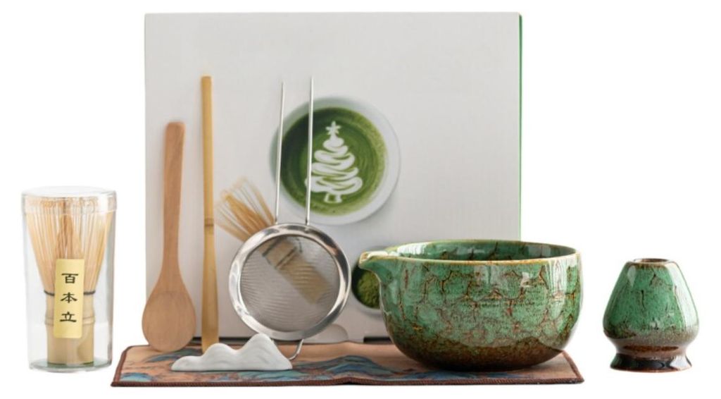 INF Keramik Matcha Set 8-teilig mit Bambus-Chasen Sieb Löffel für Tee