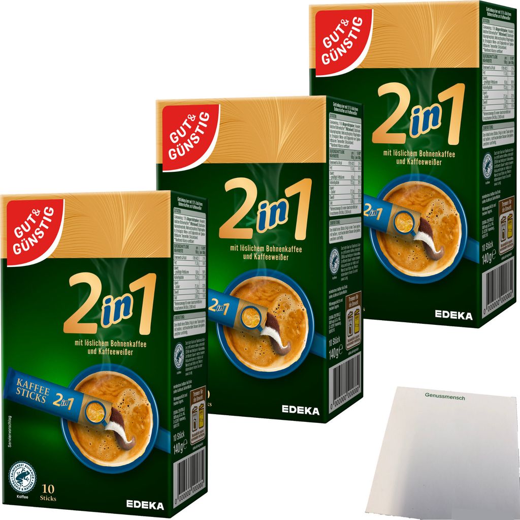 Gut & Günstig Kaffeesticks 2in1 löslicher Bohnenkaffee mit Kaffeeweißer 3er Pack (3x140g Packung) + usy Block