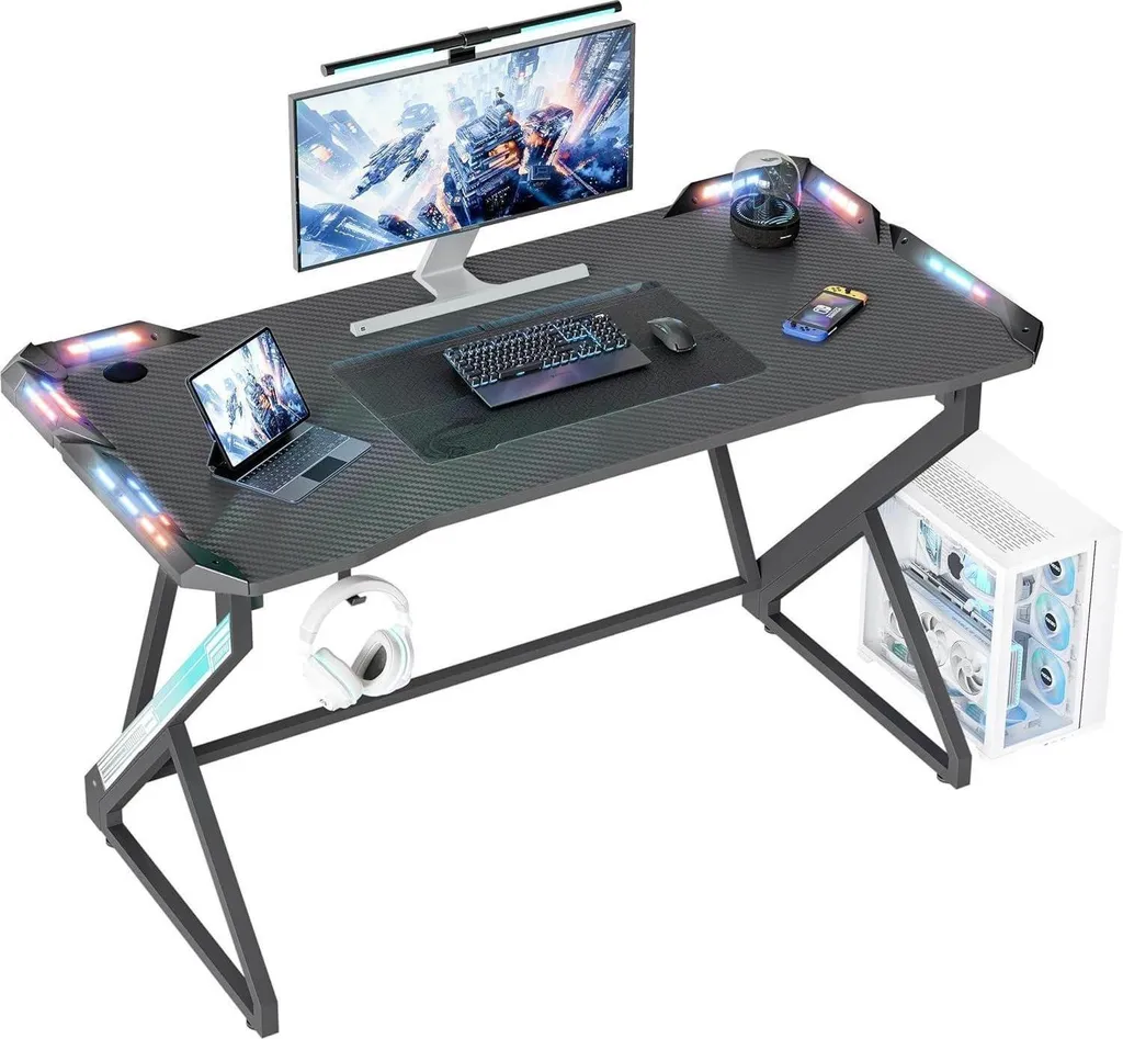 Bureau Gaming LED 100x60 cm avec Surface en Carbone pour PC Gamer Noir