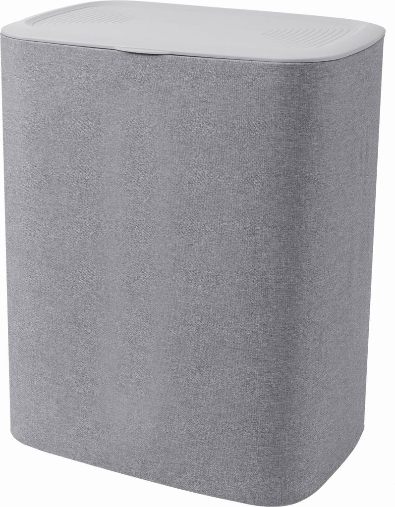 A grey fabric laundry basket with a white lid, shown against a white background.
