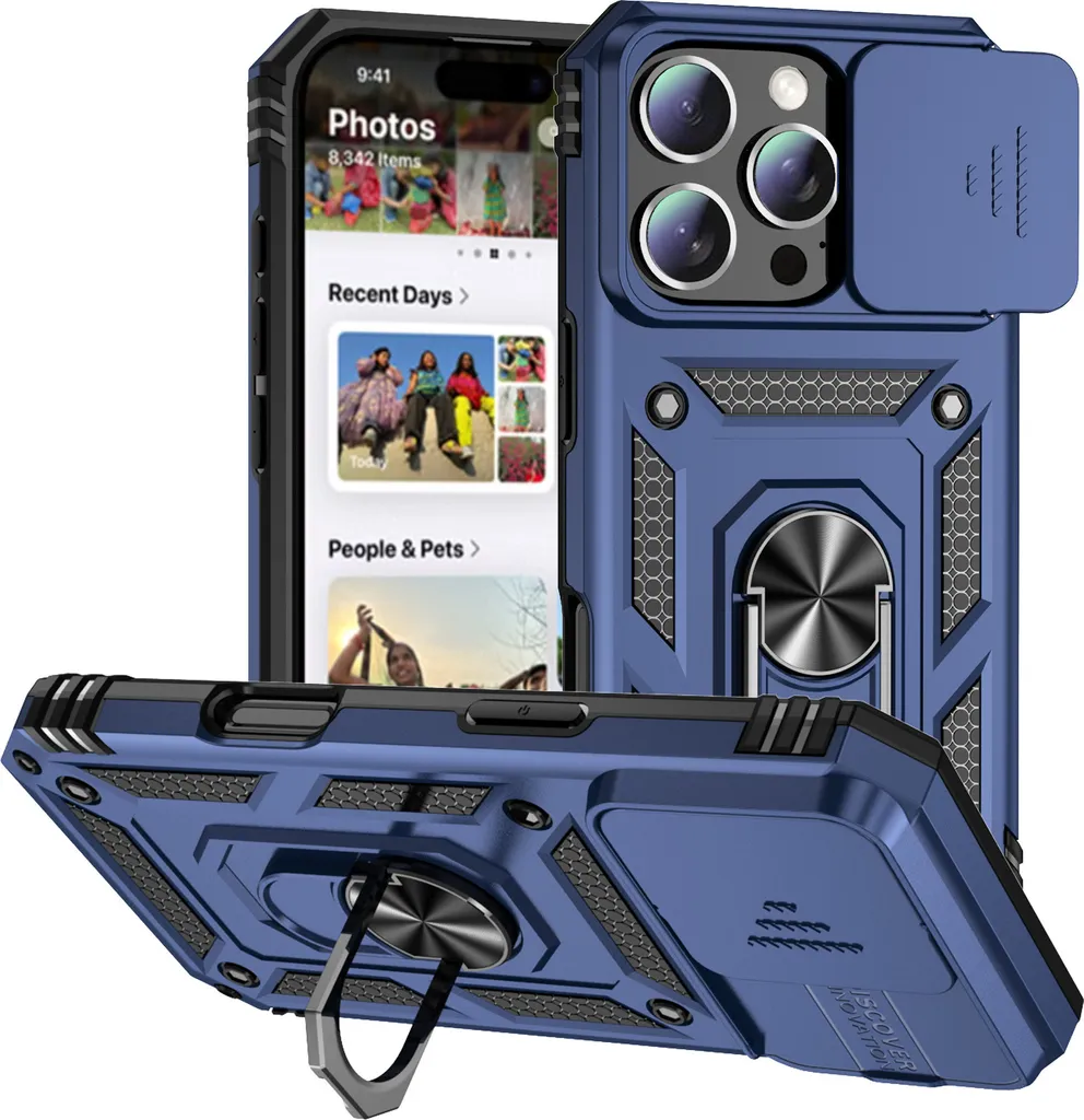 Custodia iPhone 16 Pro Max Blu con Copri Fotocamera e Anello Stand