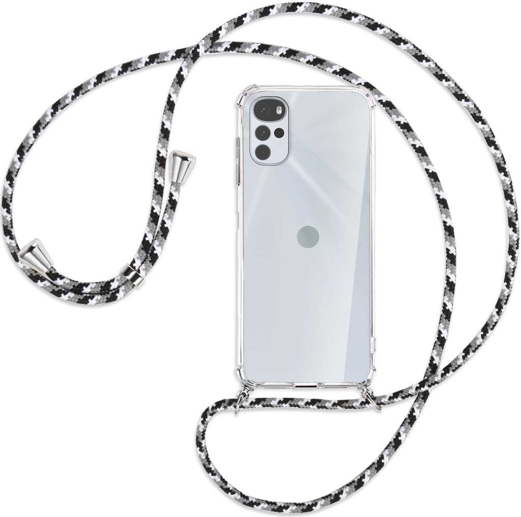 Handykette Backcover-Schutzhülle mit Band (Metall silberfarben) für Motorola Moto G22 4G - schwarz/grau/weiß