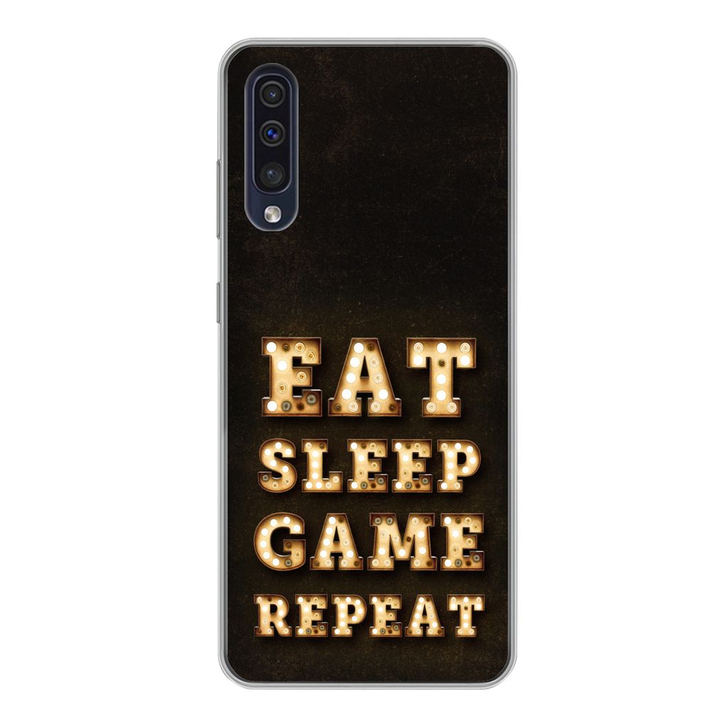 MuchoWow Handyhülle Schutzhülle Hülle für Samsung Galaxy A30s Spiele - Spiele - Zitate - Sprichwörter - Eat sleep game repeat Silikon Softca...