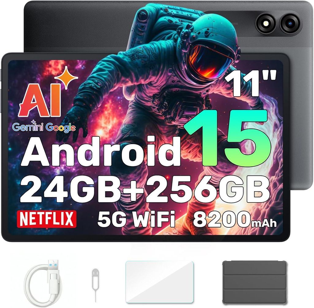 A tablet with an astronaut graphic on the screen, displaying product specifications and accessories below.