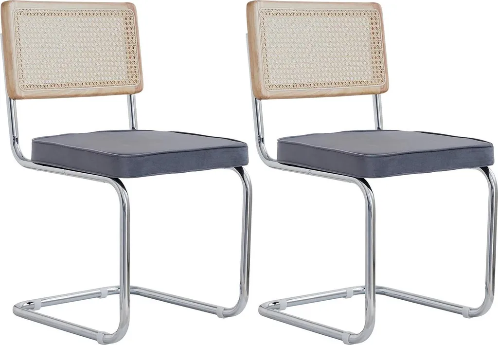 Chaises salle à manger en rotin et velours gris foncé pieds métal