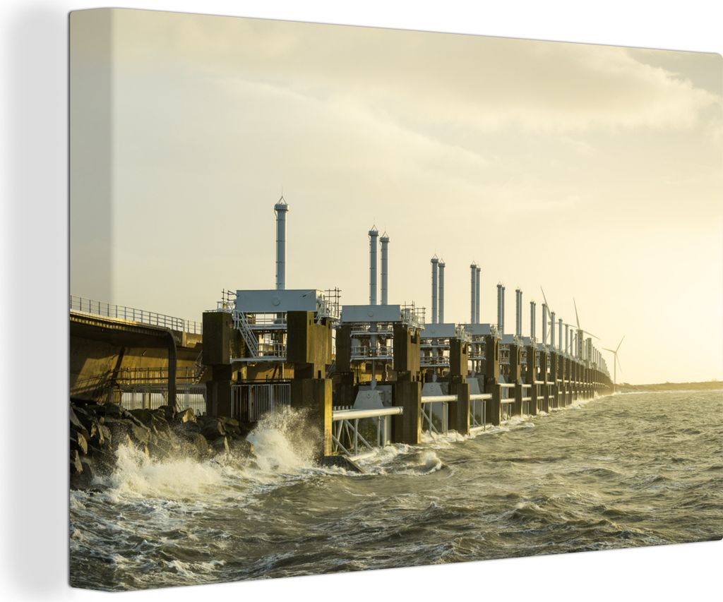 OneMillionCanvasses - Leinwandbilder - 140x90 cm, Wellen, die sich gegen das Sturmflutwehr der Oosterschelde in Zeeland, Niederlande, bewegen, Wa...