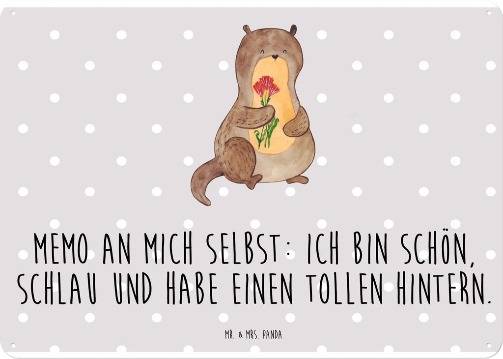 Mr. & Mrs. Panda Blechschild Otter Blumenstrauß DIN A4 - Grau Pastell - Geschenk, Seeotter, Süß, Achtsamkeit, Positiv, tafel, Wandbild, Selbstli...